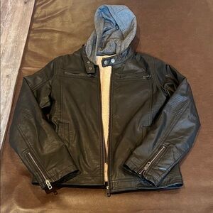Boys size 18/20 Black Leather Jacket with Gray Hood(removable hood)